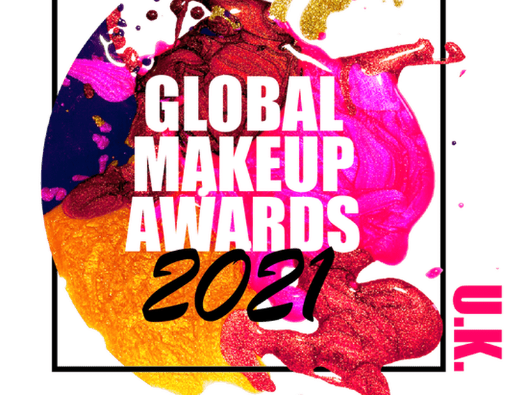 A vibrant logo for the Global Makeup Awards 2021 with bold colors like gold, red, pink, and orange splashes. The text "GLOBAL MAKEUP AWARDS 2021" is prominently displayed in white and black font. The letters "U.K." are written in pink on the right side.