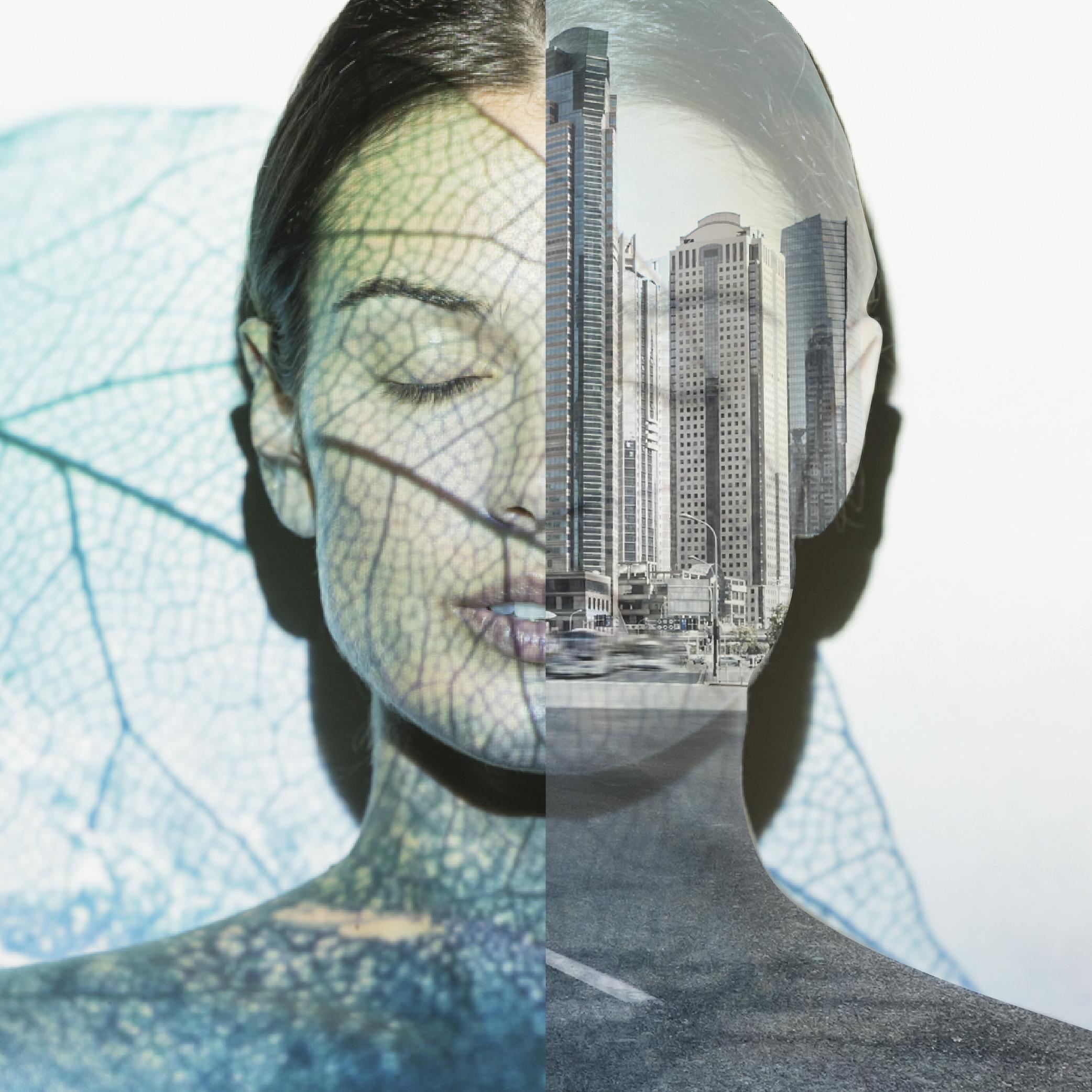 A composite image featuring a woman's face and upper body, blended with a leaf pattern on the left side and a cityscape with skyscrapers on the right. The left side represents nature, while the right side symbolizes an urban environment.