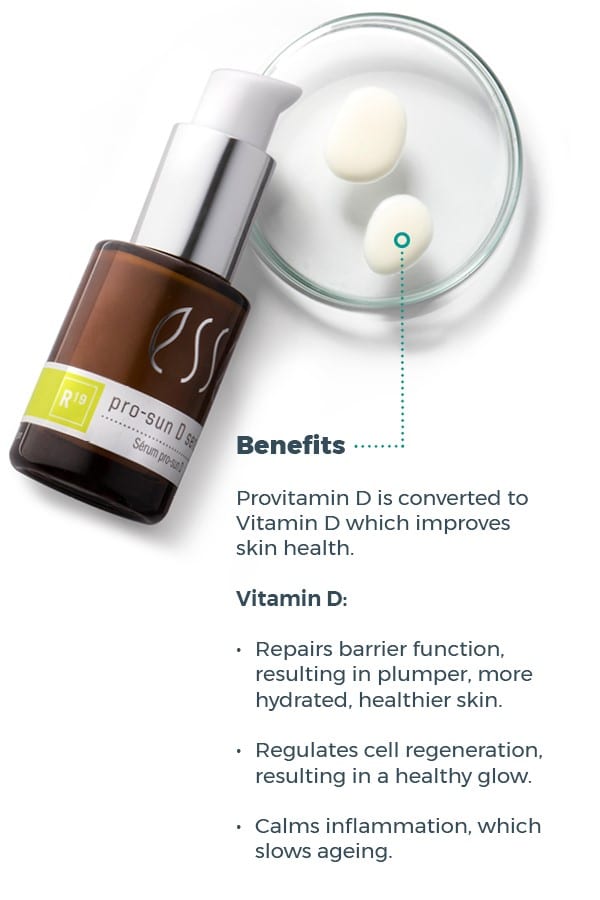 An image depicting an amber bottle labeled "Esse Pro-Sun D Serum," accompanied by a small clear dish containing two white capsules, and text elaborating on the benefits of Vitamin D for skin health. The description emphasizes enhanced skin health, plumper and more hydrated skin, a healthy glow, and decreased signs of aging.