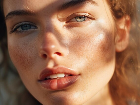 Close-up of a person with light freckles and dewy skin, gazing into the camera. Soft sunlight casts gentle shadows across their face, highlighting their clear blue eyes and full lips. The background is blurred, keeping the focus on their serene expression.