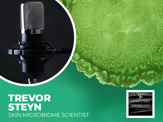 Image showing a professional microphone on the left side, with a close-up of a green circular biological sample on the right. The text on the bottom left reads "Trevor Steyn, Skin Microbiome Scientist," next to an embedded Skincare Anarchy podcast logo.
