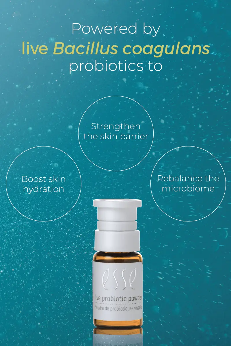 Small bottle labeled "Live Probiotic Mist" against a blue background with text: “Powered by live Bacillus coagulans probiotics to: Strengthen the skin barrier, boost skin hydration, and rebalance the microbiome.”.