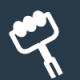 A white icon of a hand holding a fork with three prongs on a dark blue background.